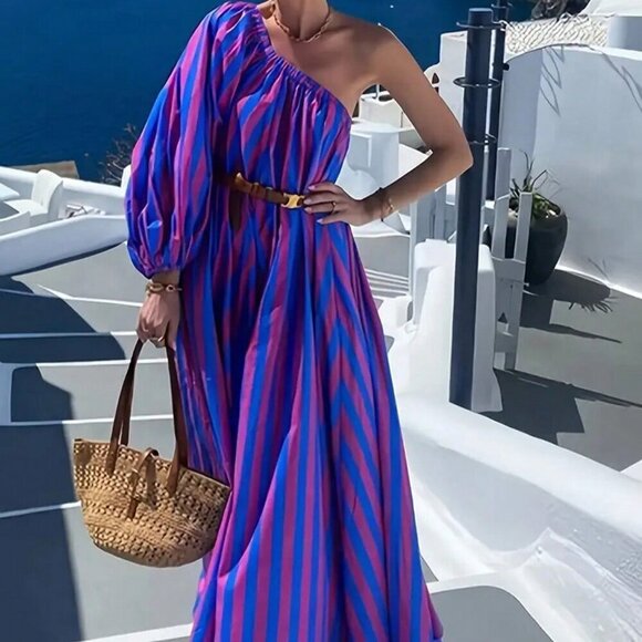 Women's Striped Print Sexy One Shoulder Vacation Style Maxi Dress - Picture 3 of 4